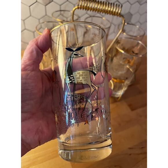 Vintage Libby Glass Tumblers 22K Gold MCM Reindeer Deer with caddy RARE